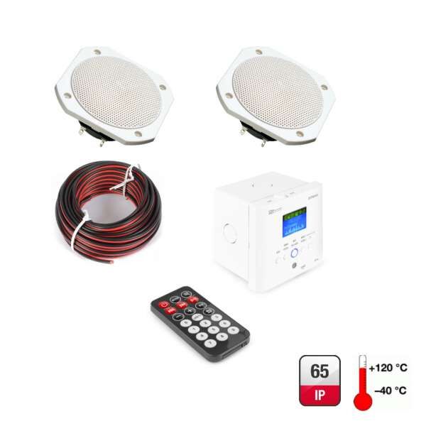 Power Dynamics BTW30 Saunabeschallung mit Bluetooth, USB und Radio Sauna-Audio-Set weiß