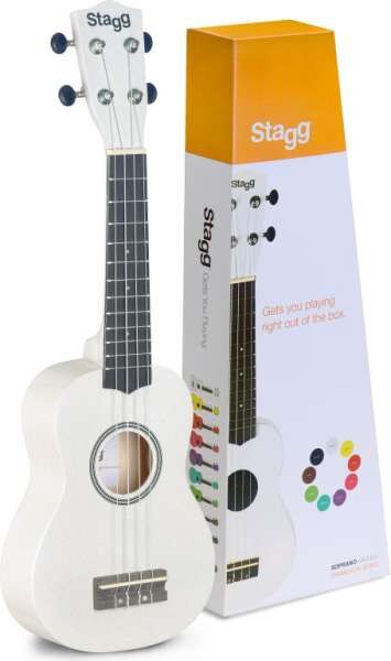 Stagg US-WHITE weiße Sopran Ukulele mit Lindenholz-Decke in Nylon-Gigbag