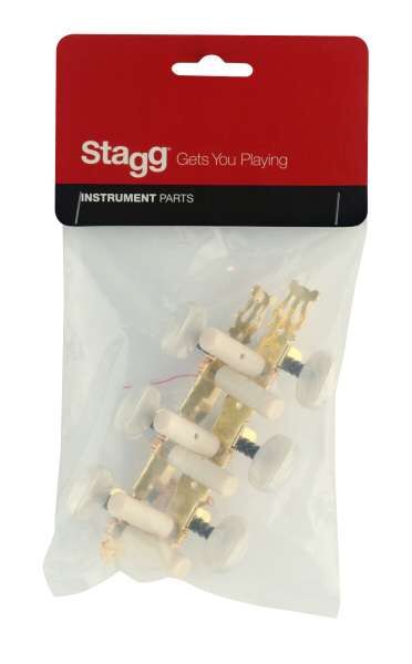 Stagg SP-MHCL-GD Standard-Mechaniken, 3 x 3, für klassische Gitarre, Finish Gold, weiße Knöpfe