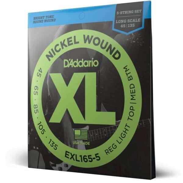 D'Addario EXL165 Saiten für 5-saitige Bassgitarre, mit Nickel umsponnen, Custom Light, 45-135, Long Scale