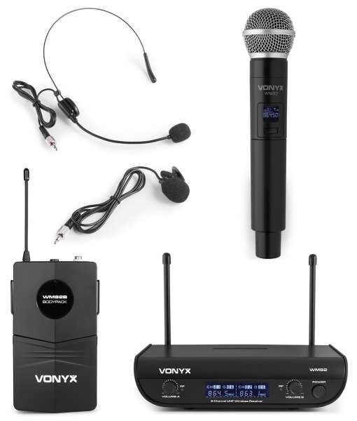 Vonyx WM82C UHF 2-Kanal Funkmikrofon Set with Handsender & Bodypack mit Headset